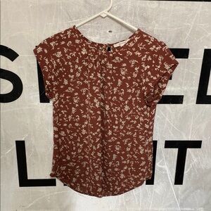 Brown and Orange Short Sleeve Blouse with Floral Print